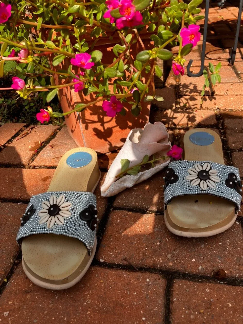 Rare Vintage 80s Esprit Sandals Embellished with Blue Beads and Shell Flowers